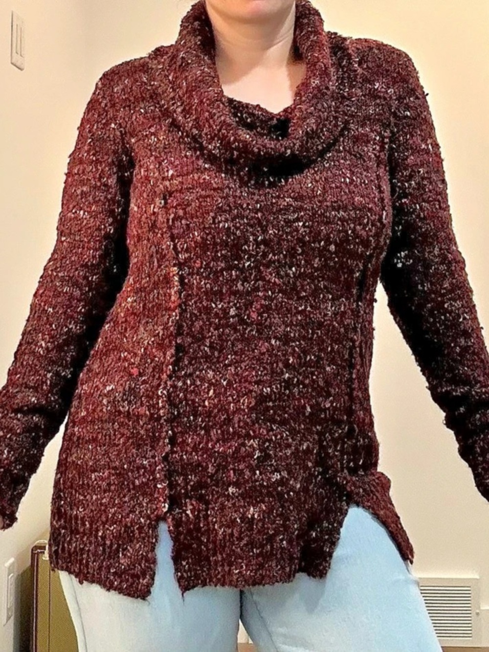 Forever Burgundy Multicolour Chunky Knit Cowl Neck Sweater Tunic S